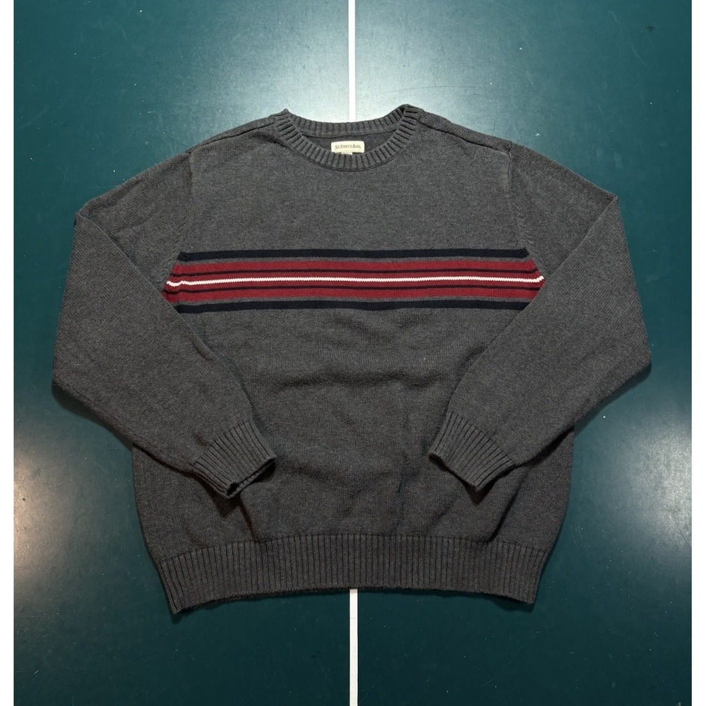 Vintage Chest Striped Crewneck Sweater Men's Large Gray Knit Skater Ribbed Y2K